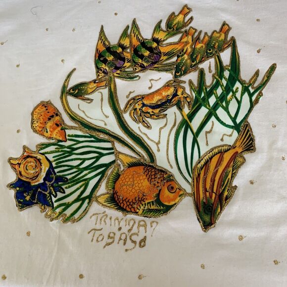 York Trinidad T-Shirt Womens Medium Sea-Life Gold Thread Embroidery Coastal - Picture 6 of 10